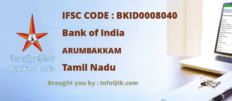 Bank of India Arumbakkam, Tamil Nadu - IFSC Code